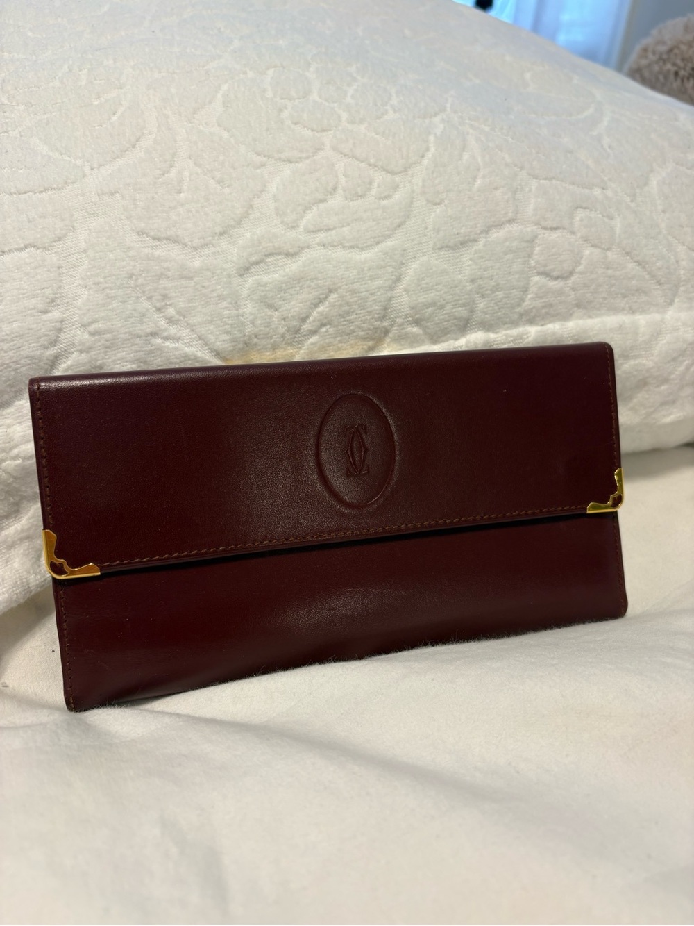 Authentic Cartier Burgundy Leather Fold-Over Wallet Clutch